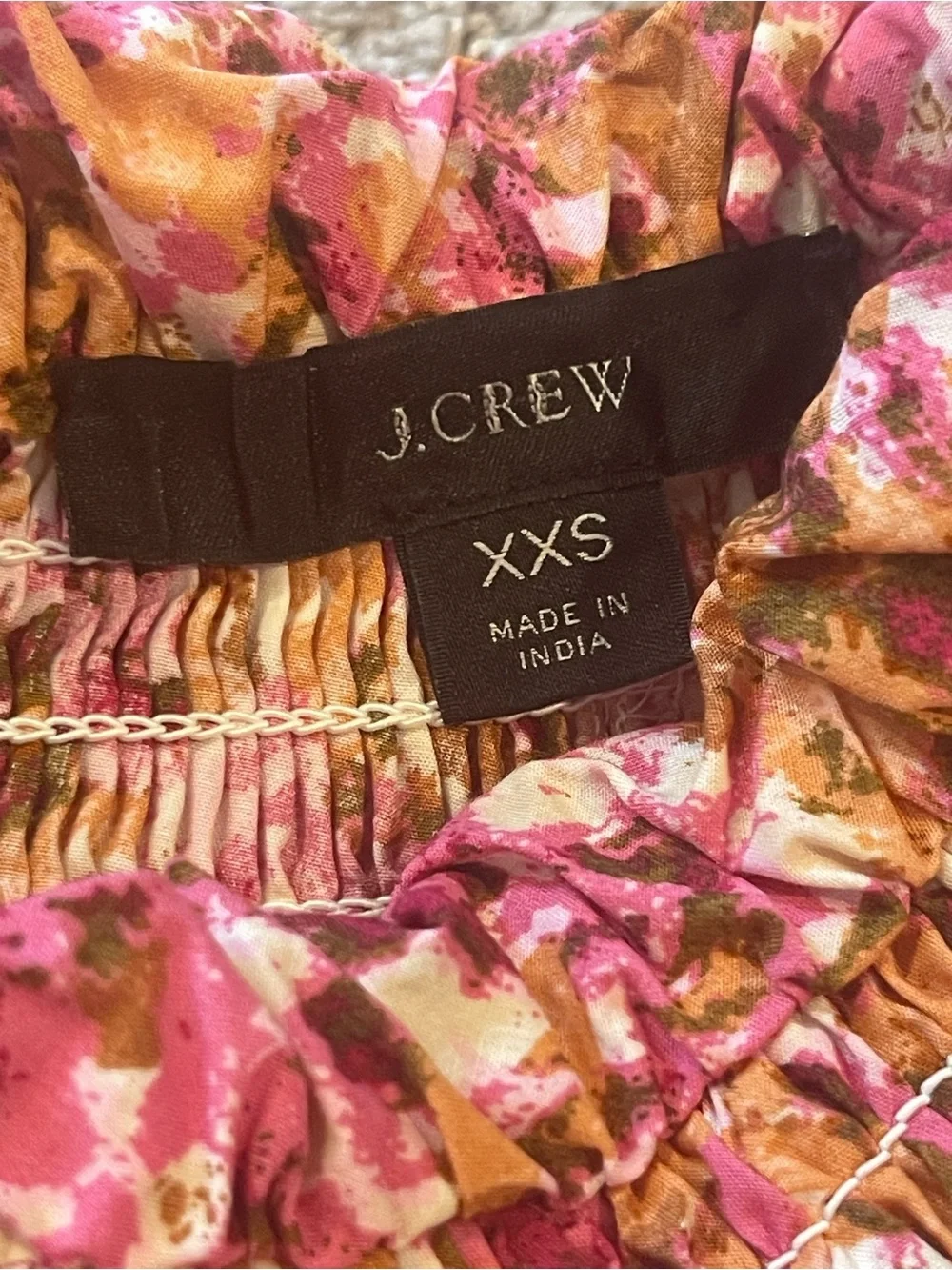 J. Crew Smocked Puff-Sleeve Blouse, Ties In Back, Pink Faded Floral, Size XXS